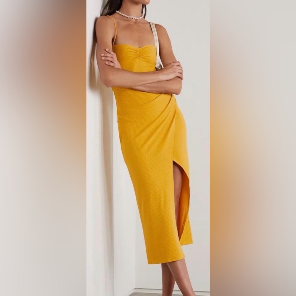 Reformation Formosa Ribbed Stretch Knit Midi Dress Mustard Yellow Size Small